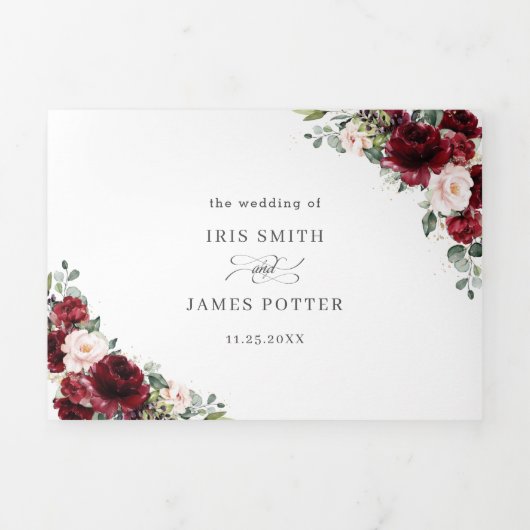 Chic Burgundy Blush Blumengrün Hochzeit RSVP Dreifach Gefaltete Einladung (Cover)