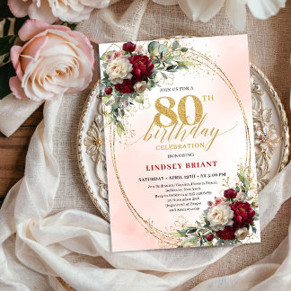 Chic Burgundy Blush Floral 80th Birthday Invites Einladung