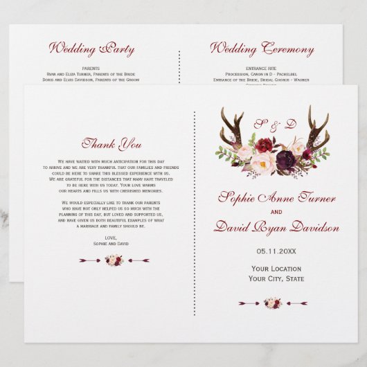 Chic Burgundy Blush Floral Antlers Wedding Program (Vorne/Hinten)