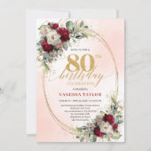 Chic Burgundy Blush Flowers 80th Birthday Invite Einladung (Vorderseite)