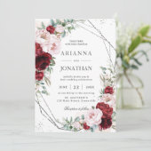 Chic Burgundy Blush Peonies Bloral Silver Wedding Einladung (Stehend Vorderseite)