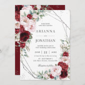 Chic Burgundy Blush Peonies Bloral Silver Wedding Einladung (Vorne/Hinten)