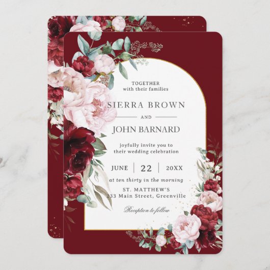 Chic Burgundy Blush Peonies Blumenarschenhochzeit Einladung (Vorne/Hinten)