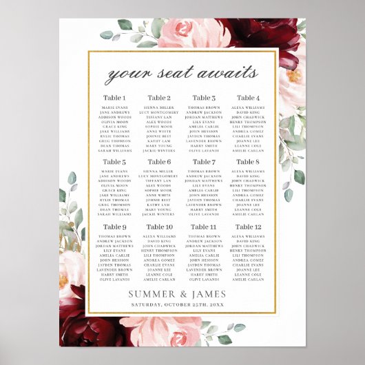Chic Burgundy Blush Pink Blumensitze Poster (Vorne)