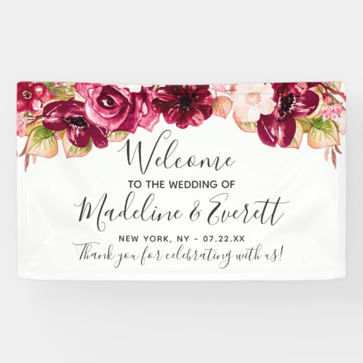Chic Burgundy & Blush Pink Blumenzwiebeln Willkomm Banner (Horizontal)