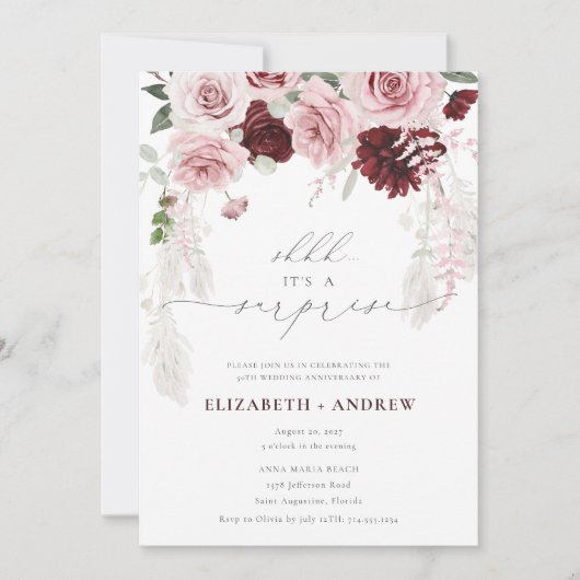 Chic Burgundy Blush Pink Roses Blumenjubiläum Einladung (Vorderseite)