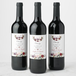 Chic Burgundy Blush Plum Floral Antlers Wedding Weinetikett