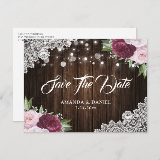 Chic Burgundy Blush Save the Date Postkarten (Vorne/Hinten)