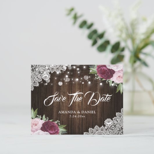Chic Burgundy Blush Save the Date Postkarten (Stehend Vorderseite)