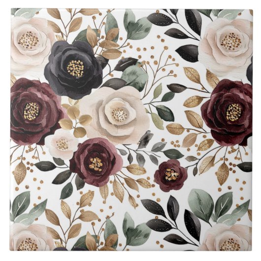 Chic Burgundy Cream Floral Fliese (Vorderseite)