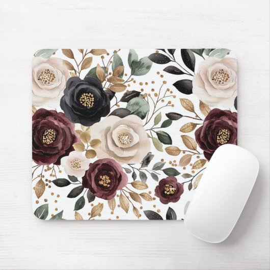 Chic Burgundy Cream Floral Mousepad (Mit Mouse)