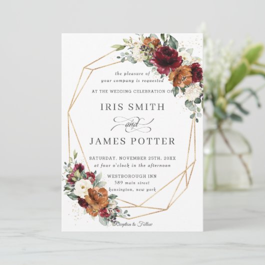 Chic Burgundy Elfenbeinrost Blumengezwitscher Geom Einladung (Stehend Vorderseite)