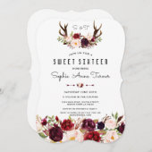 Chic Burgundy Floral Antlers Handwriting Sweet 16 Einladung (Vorne/Hinten)
