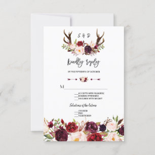 Chic Burgundy Floral Antlers Handwriting UAWG RSVP Karte