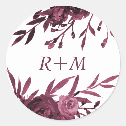 Chic Burgundy Floral mit Monogramm Runder Aufkleber (Vorderseite)