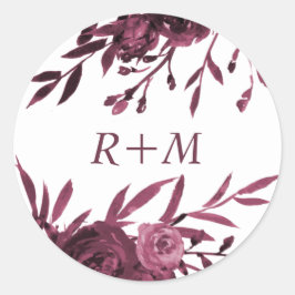 Chic Burgundy Floral mit Monogramm Runder Aufkleber