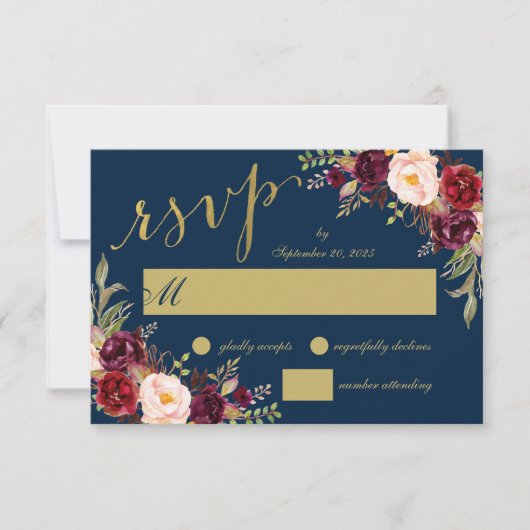 Chic Burgundy Floral Navy Blue Gold Hochzeit RSVP Einladung (Vorderseite)