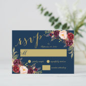 Chic Burgundy Floral Navy Blue Gold Hochzeit RSVP Einladung (Stehend Vorderseite)