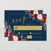 Chic Burgundy Floral Navy Blue Gold Hochzeit RSVP Einladung (Vorne/Hinten)