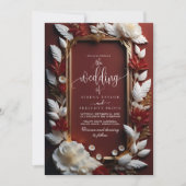 Chic Burgundy Florals mit goldenem Rahmen Hochzeit Einladung (Vorderseite)