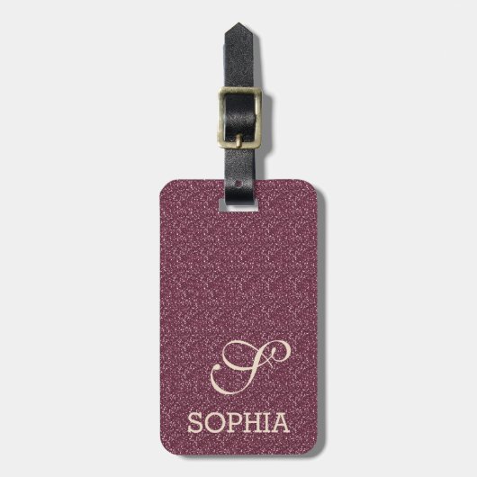 Chic Burgundy Glitzer Ivory Custom Monogram Gepäckanhänger (Vorderseite vertikal)