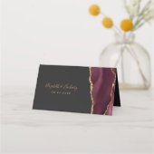 Chic Burgundy Gold Agate Dark Wedding Table Platzkarte (Rückseite)