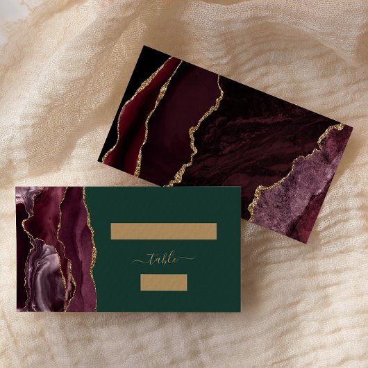 Chic Burgundy Gold Agate Green Wedding Escort Platzkarte