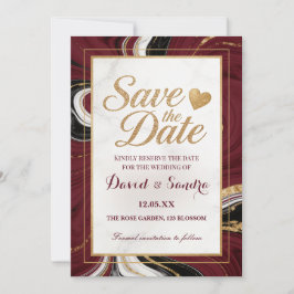 Chic Burgundy Gold Agate Marble Modern Wedding Save The Date