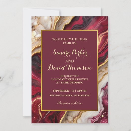 Chic Burgundy Gold Agate Marble Moderne Hochzeit Einladung (Vorderseite)