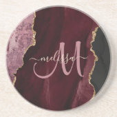 Chic Burgundy Gold Agate Script Custom Monogram Getränkeuntersetzer (Vorne)