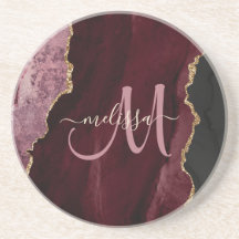 Chic Burgundy Gold Agate Script Custom Monogram