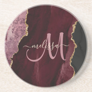 Chic Burgundy Gold Agate Script Custom Monogram Getränkeuntersetzer