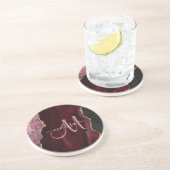 Chic Burgundy Gold Agate Script Custom Monogram Getränkeuntersetzer (Seite)