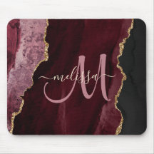 Chic Burgundy Gold Agate Script Custom Monogram