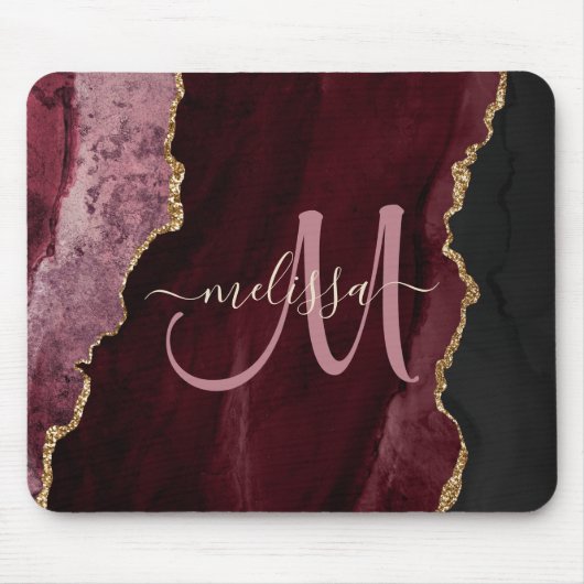 Chic Burgundy Gold Agate Script Custom Monogram Mousepad (Vorne)