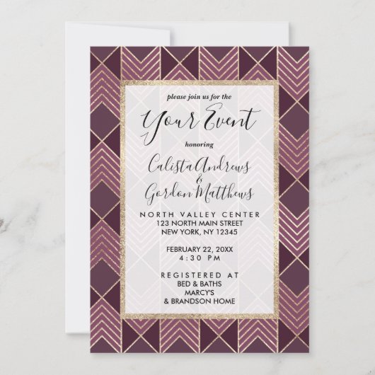 Chic Burgundy Gold Arrowhead Zickzack Geometric Einladung (Vorderseite)