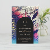 Chic Burgundy Gold Blue Botanical Abstrakt Wedding Einladung (Stehend Vorderseite)