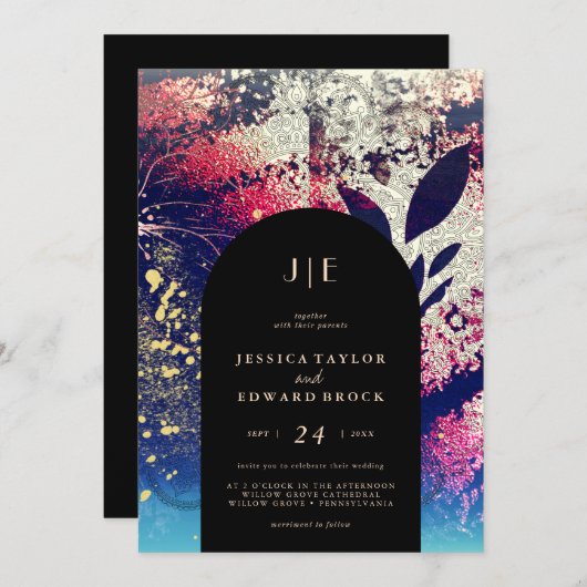 Chic Burgundy Gold Blue Botanical Abstrakt Wedding Einladung (Vorne/Hinten)