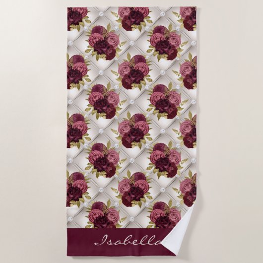 Chic Burgundy Gold Floral Diamant getuftetes Muste Strandtuch (Vorderseite)