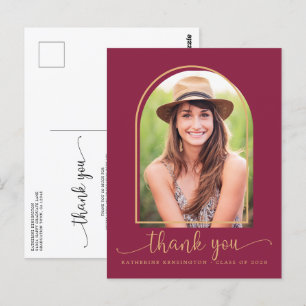 Chic Burgundy Gold Foto Abschluss Vielen Dank Postkarte