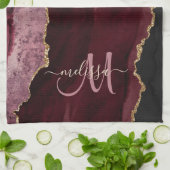 Chic Burgundy Gold Glitzer Agate Custom Monogram B Geschirrtuch (Gefaltet)
