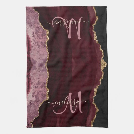 Chic Burgundy Gold Glitzer Agate Custom Monogram B Geschirrtuch (Vertikal)