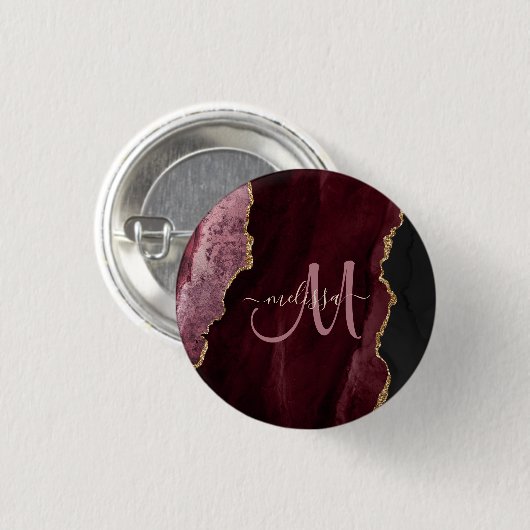 Chic Burgundy Gold Glitzer Agate Custom Monogram Button (Vorne & Hinten)