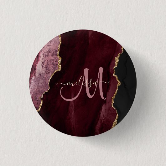 Chic Burgundy Gold Glitzer Agate Custom Monogram Button (Vorderseite)