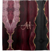 Chic Burgundy Gold Glitzer Agate Custom Monogram Duschvorhang (Vorderseite)