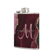 Chic Burgundy Gold Glitzer Agate Custom Monogram Flachmann (Links)