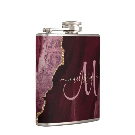 Chic Burgundy Gold Glitzer Agate Custom Monogram Flachmann (Rechts)