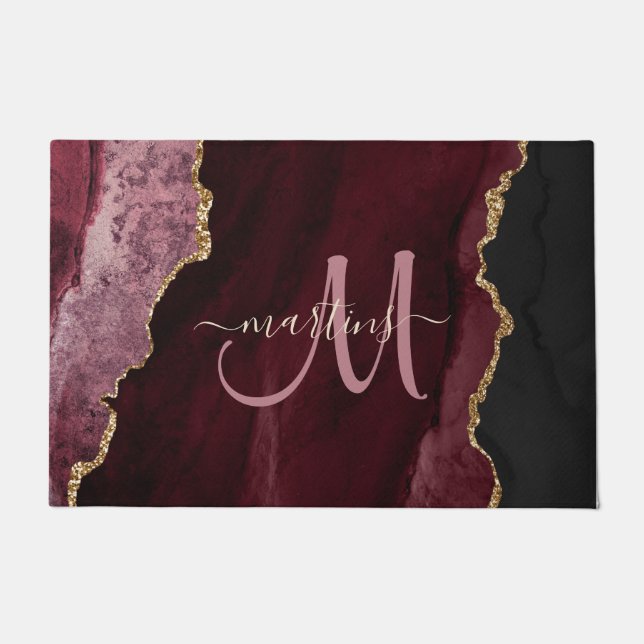 Chic Burgundy Gold Glitzer Agate Custom Monogram Fußmatte (Vorderseite)