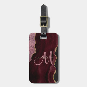 Chic Burgundy Gold Glitzer Agate Custom Monogram Gepäckanhänger
