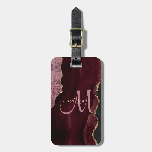 Chic Burgundy Gold Glitzer Agate Custom Monogram Gepäckanhänger (Vorderseite vertikal)